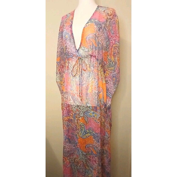 Lauren Ralph Lauren Cover-up Sz XS Midi Caftan Sheer Paisley Floral Multi $135 - Picture 4 of 16